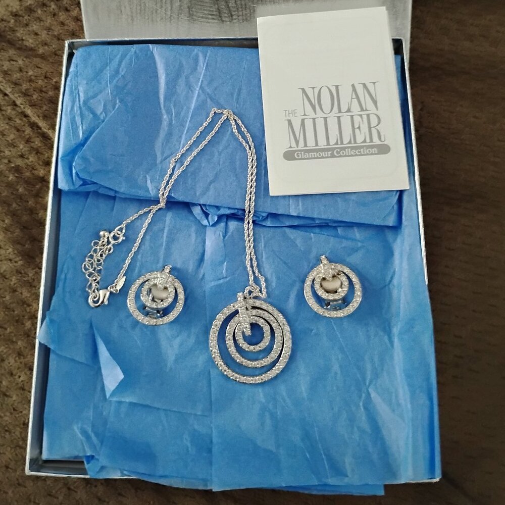 ❤️NIB NOLAN MILLER ETERNITY CIRCLE SILVER RHINESTONES NECKLACE & CLIP EARRINGS